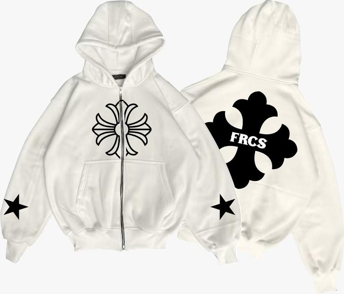 University Jaket Sweater Hoodie Boxy Zipper FRCS FLORAL CROSS white  Bahan 100% Cotton Fleece Nyaman