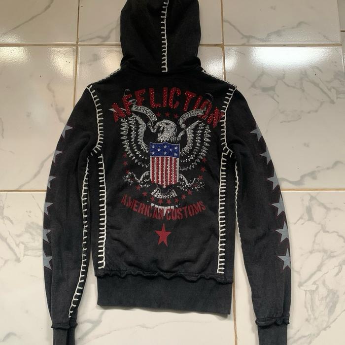 Y2k Affliction rhinestone distressed zip up hoodie gothic grunge punk