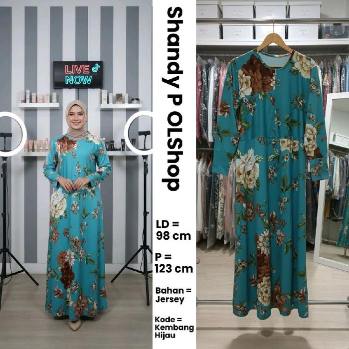 Gamis preloved lokal warna hijau elegan motif bunga yang cantik, bisa untuk hijab atau non hijab Mus
