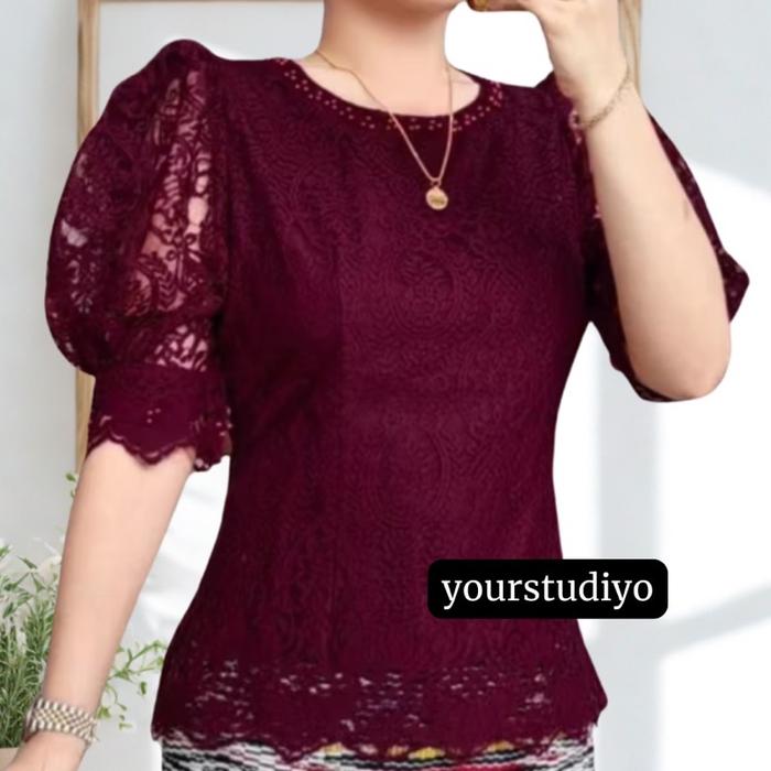 YS - Kebaya Brokat Tangan Balon, Lengan Terompet Brukat Premium Halus, Kebaya Brokat Seragam, Pesta,
