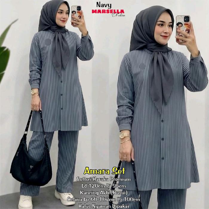 Marsella Amara Set Navy - Baju Muslimah Premium dengan Kancing Aktif Busui dan Celana Lp 60-105cm Pj