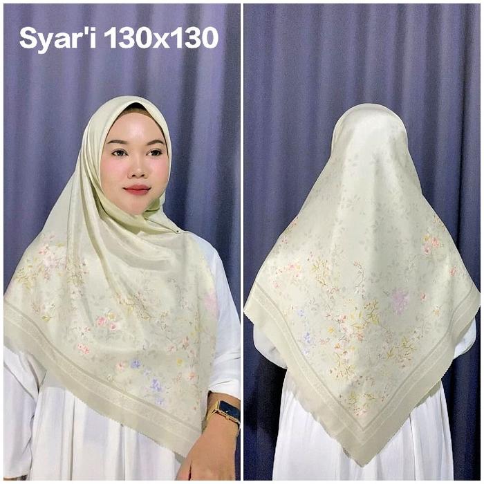 HIJAB SEGI EMPAT SYAR'I JUMBO VOAL MOTIF BUNGA AMELIA HIJAU MINT UK 130X130 SYARI