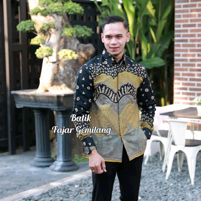 Kencana Kemeja Batik Pria Lengan Panjang dan Pendek Perpaduan 3 Warna (Hitam, Kuning Lemon, Cream) K