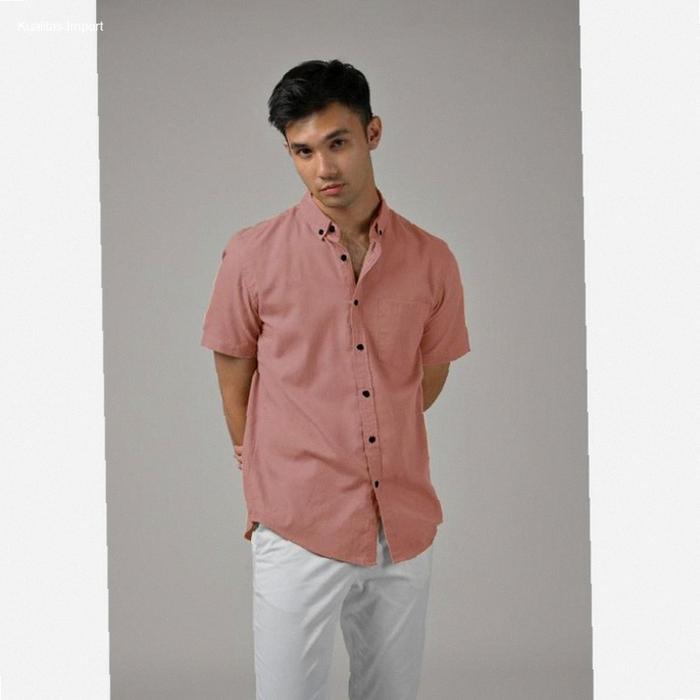 Kemeja / Hem Polos Pria / Cowok Lengan Pendek Kasual / Formal Warna PINK PEACH/ Pink / biru denim | 