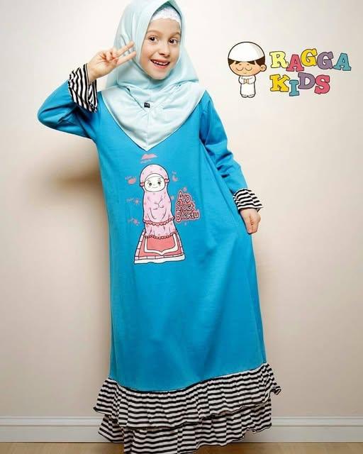 (2-12 tahun) RG 22 Raggakids Baju Muslim Gamis Kaos Anak Remaja Dress Biru Karakter : Ayo Sholat Lim