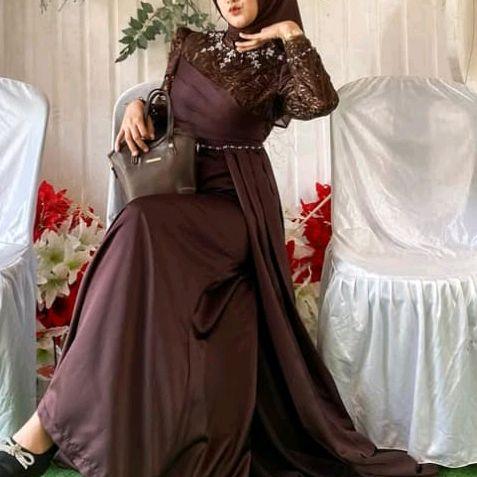 Longdress muslim hijab trendy gamis satin kombinasi tile brokat model kekinian yang viral Mewah