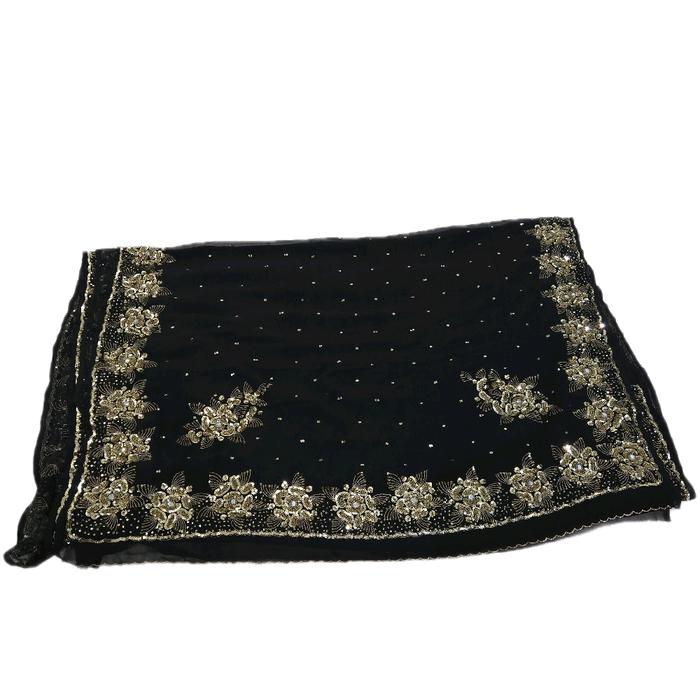 Kain Saree India warna hitam payet emas