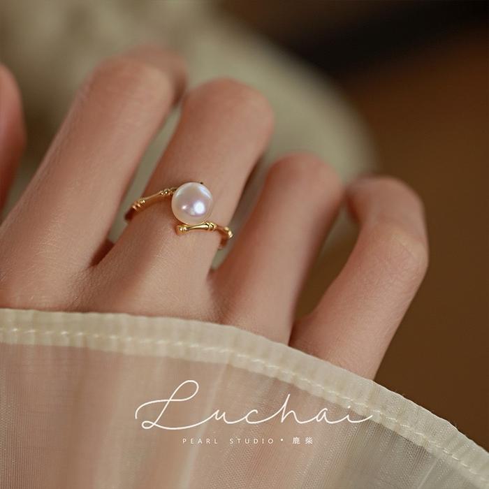 Cincin mutiara putih rantai bambu titanium original elegan