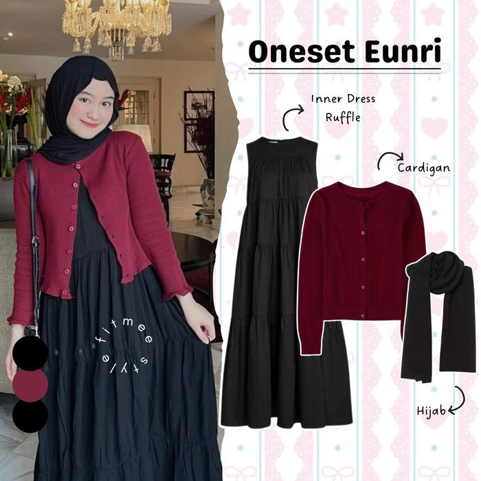 Eunri outfit set 3in1 ootd cewek (atasan outer cardigan crop waffle, inner dress ruffle susun, hijab