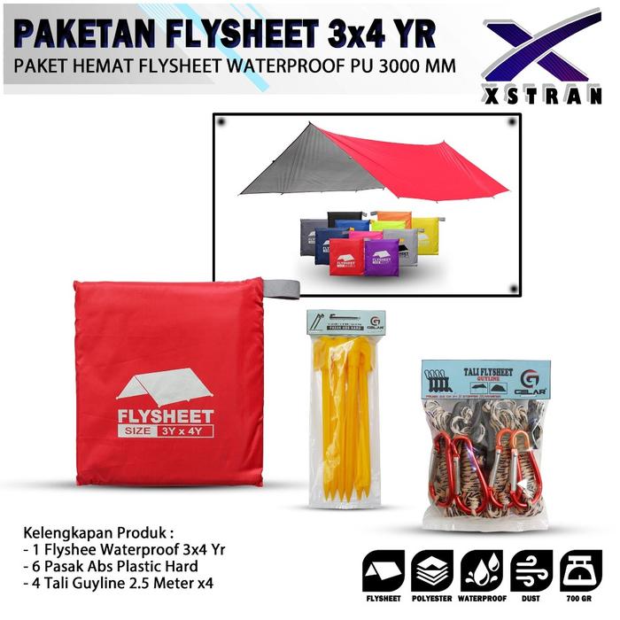READY paketan flysheet 3x4 yard + 6 pasak abs + 4 tali guyline flysheet waterproof atap tenda outdoo