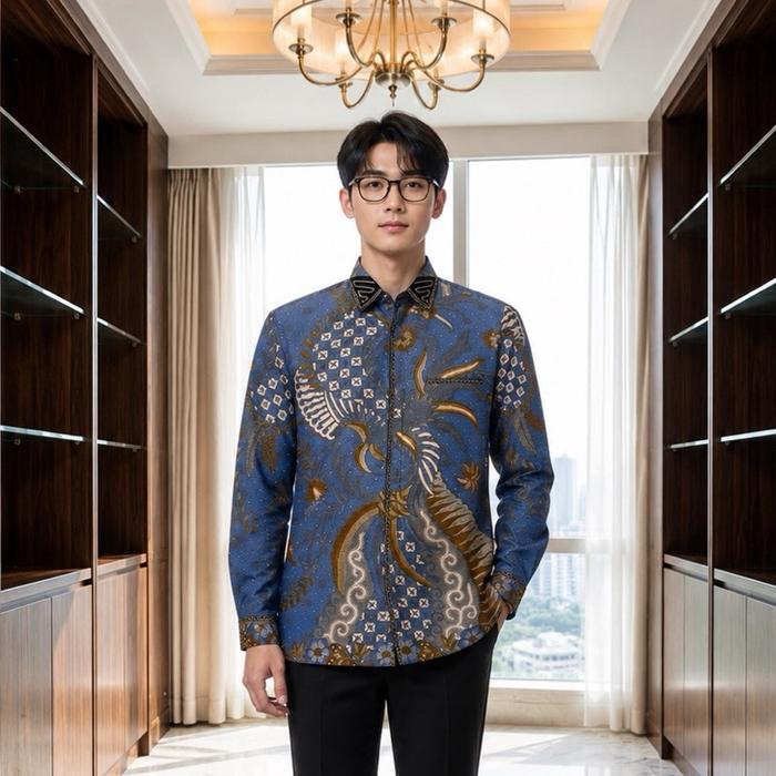 Kemeja batik pria exclusive panjang bahan dobby semi sutra premium - full jahitan smok bordir dan fu
