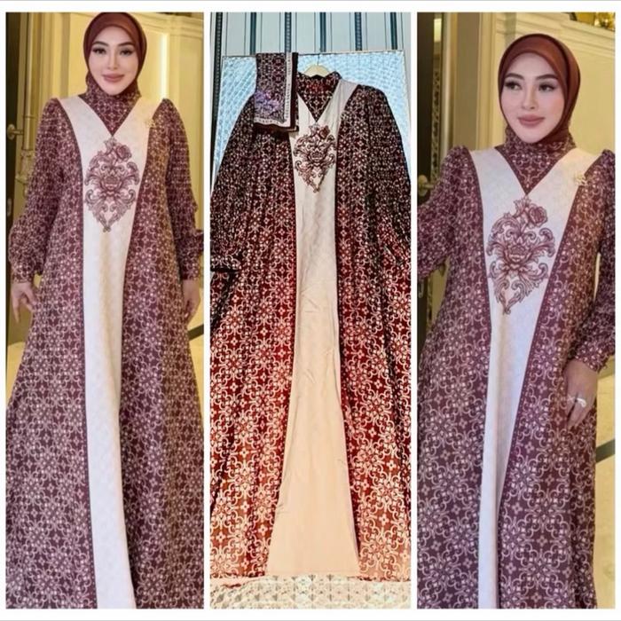 SHELLASAUKIA GAMIS Burgubdy Zahra Pink TERBARU outer Monogram LEBARAN DRESS Mewah Organza  Viral Ray