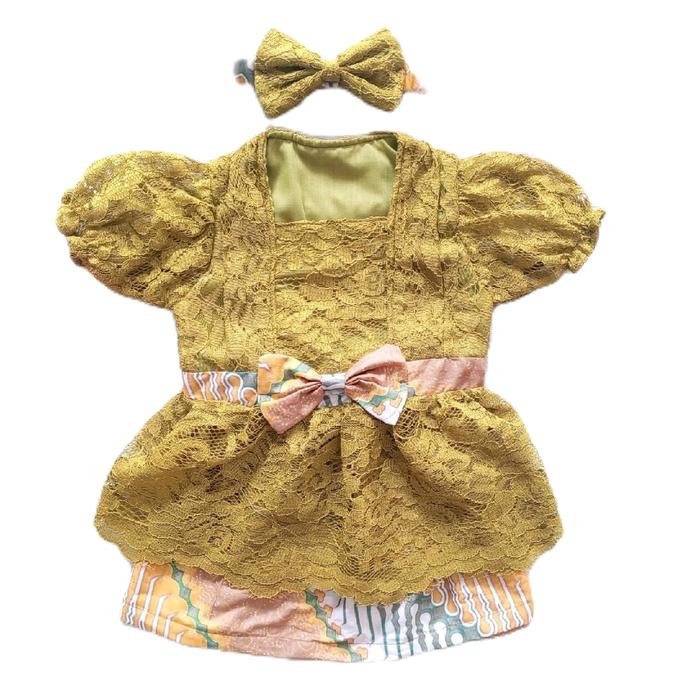 Setelan Kebaya Anak Bayi Perempuan 7 Bulanan Tedak Siten Brukat Batik Olive Jahitan Taylor Rok Hitam