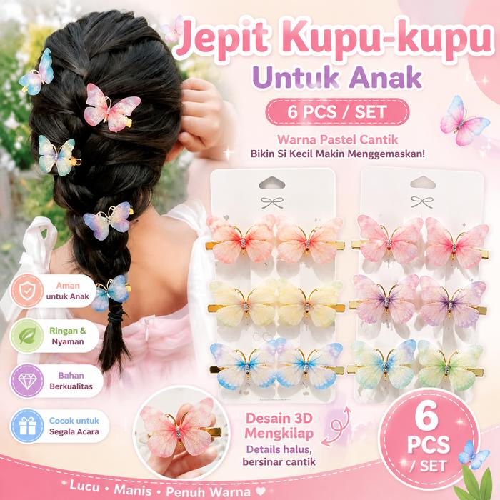 Jepit Rambut Kupu‑kupu Tulle 6 Pcs Set Aksesoris Rambut Anak Perempuan Warna Pastel Gradasi Cantik M
