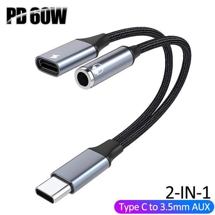 OTG 2 IN 1 Type USB C to 3.5mm Jack AUX Audio Headphone Adapter Fast Charger 60W for Samsung iPhone 
