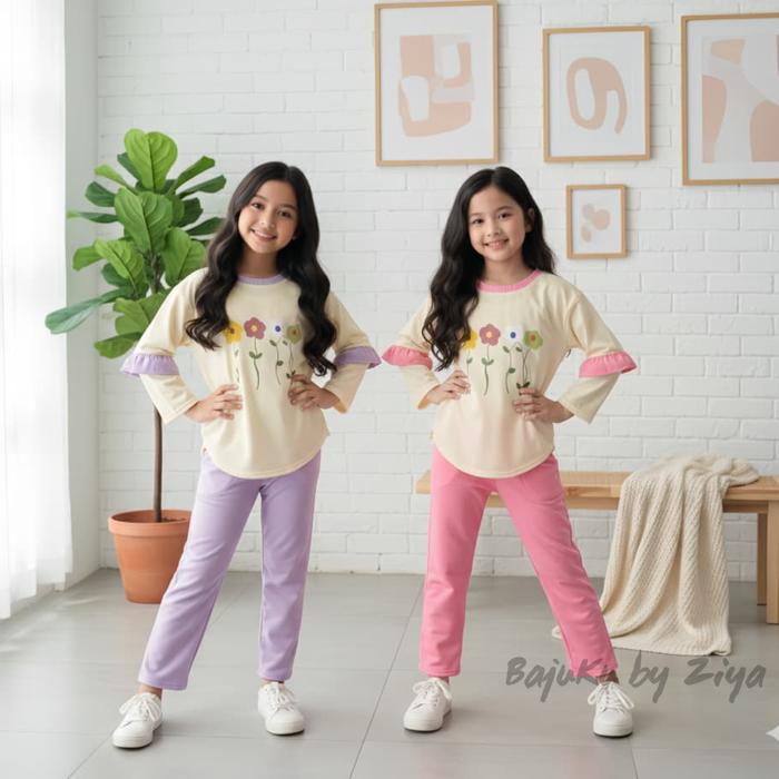 Setelan Anak Perempuan Motif Bunga Bunga Lengan Panjang Bahan Baby Terry Celana Korean Style Untuk A