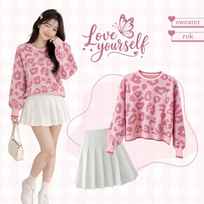 1 Set Outfit Terbaru Sweater Leopard Rok Putih Pendek One Set Cewek Kekinian AM373N