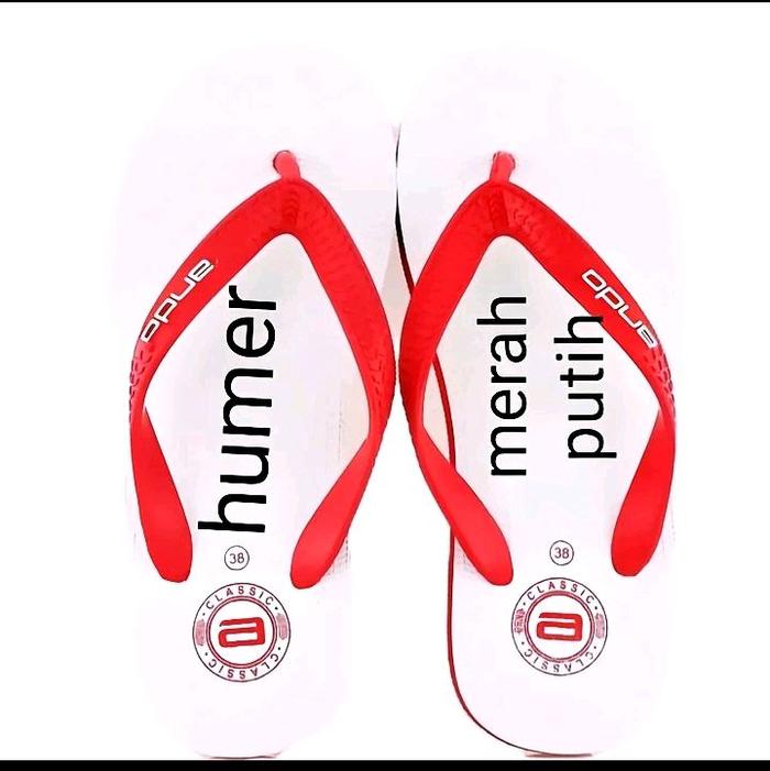 Humer Sandal Flip Flop Merah Putih Ukuran 38 Desain Klasik untuk Keseharian dengan Logo Humer