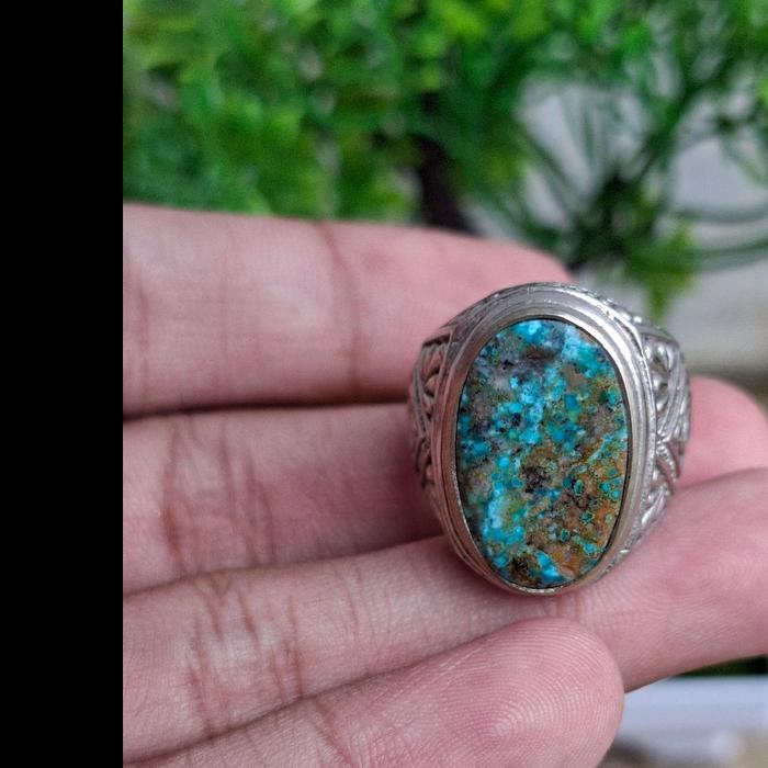 Pirus Persia Origin Iran Warna Hijau Ceplok Serat Emas Ring Alpaka Super Model Tanam