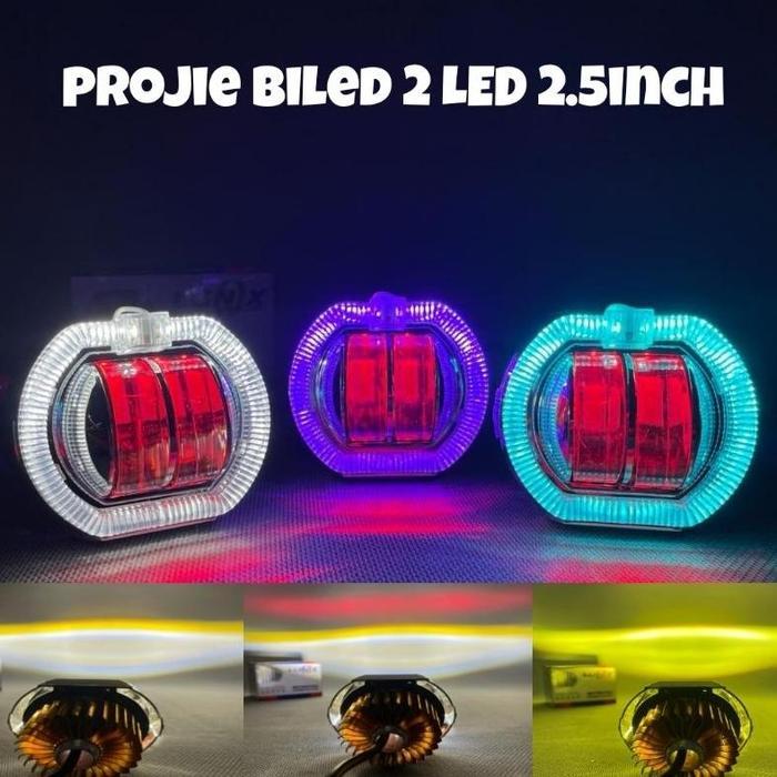 LAMPU UTAMA BILED PROJECTOR PROJIE BILED 2 LENSA 2.5INC JAUH DEKAT KUNING PUTIH PLUS RING SHROUD DAN