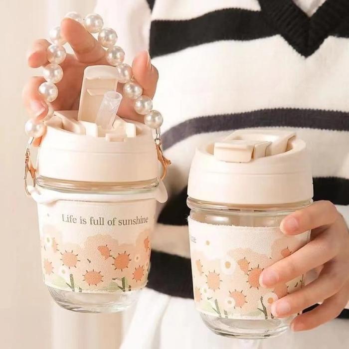 Gelas Tumbler / Botol Minum Kaca Aesthetic / Gelas Sedotan Gelas / Tumbler Kaca / Botol Lucu Tali Mu