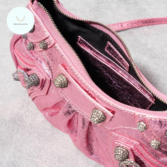 BALENCIAGA LE CAGOLE MINI SHOULDER BAG METALLIZED LEATHER WITH CRYSTAL PINK