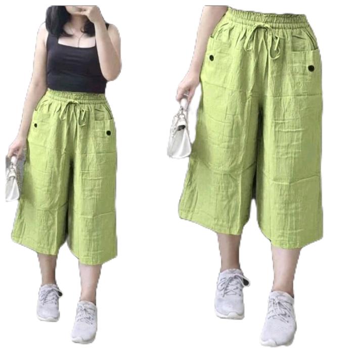 Celana 7/8 Kulot Linen Cringkle Celana Kulot Jumbo Celana Wanita Santai Buat Sehari-hari