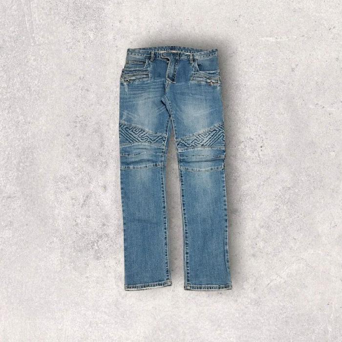 Balmain Paris Bikers Washing Blue With Ripped Jeans Original