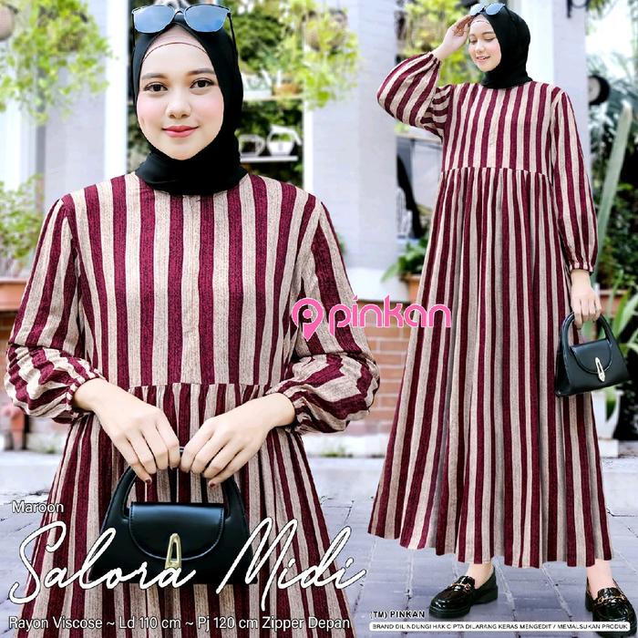 Salora midi dress by PINKAN (atasan gamis maxy midi dress motif garis atau stripe, bahan rayon visco