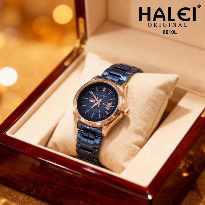 Halei Ind 8010 L - Bergaransi Jam Tangan Wanita Halei Analog Fashion Rantai Stainless Tanggal Hari A