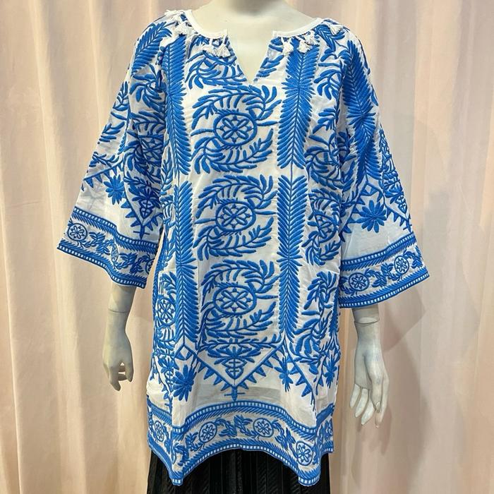 Atasan Blouse Tunik Wanita Emmy Katun Karbol Putih Biru