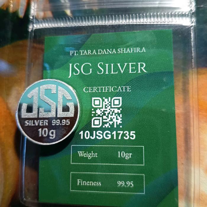 PERAK BATANGAN 10 GRAM JSG SILVER PRODUKSI PT TARA DANA SHAFIRA ADA SERTIFIKAT DAN BARKOT UNTUK MENG