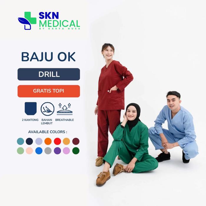 [SKN Medical] Surgical Gown Drill Tebal Premium 1 Set Topi Baju Operasi American Drill Original Gown
