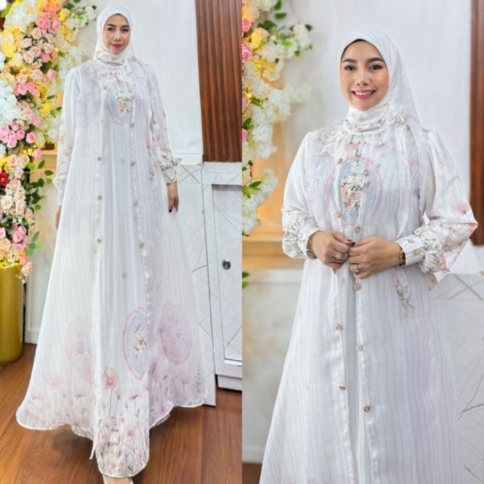 NEW GAMIS CERUTY PREMIUM PRINTING OUTER ORGANZA SET JILBAB KEKINIAN DRESS MEWAH BAJU LEBARAN KONDANG