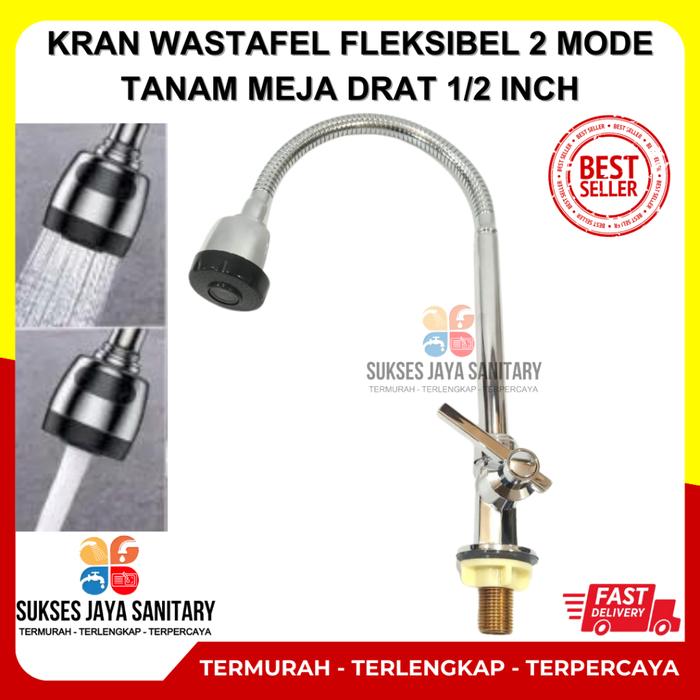 Kran Angsa Fleksibel Chrome Keran Cuci Piring Tanam Meja 2 Mode Semburan Air Drat Pipa 1/2 Inch