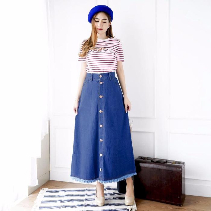 Rok Panjang Wanita Rok Jeans Panjang Rumbai Rawis Kancing Depan Button Denim Maxi Skirt Korea Mila