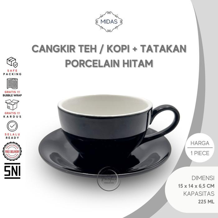 Cangkir Porselen Set Tatakan Warna Hitam Cream Glossy Kapasitas 225 ml Gelas Mug Lepek Pisin Cup Sau