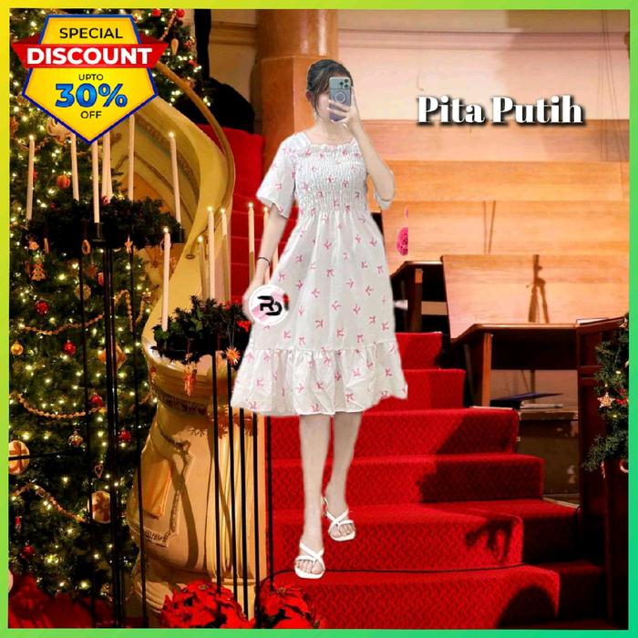 Dress Wanita Natal Korea | Elegant Gaun Casual | Kondangan Code Kekinian | Pita Putih