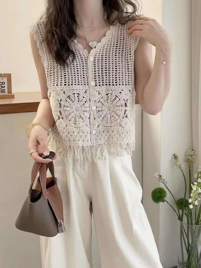 Rompi Rajut Crochet Korea dengan Motif Bunga & Rumbai – Outer Wanita Bohemian Kekinian