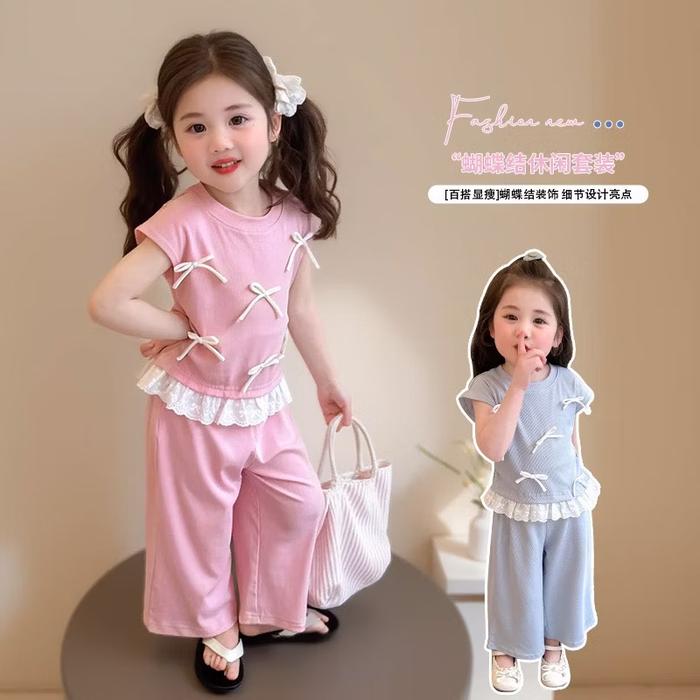 FADILAFASHIONKIDS Bow knot blue ribbed set motif busur usia 1-5th/ setelan anak perempuan katun