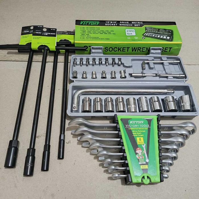 Tool Kit 1set Tekiro Kunci T 4 Pcs 8-10-12-14mm + Kunci Shock 1 Set Lengkap 27 Pcs + Kunci Ring Pas 