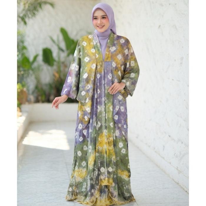 KAFTAN DAN GAMIS ECOPRINT SEMI SUTRA HANDMADE BATIK JUMPUTAN PALEMBANG