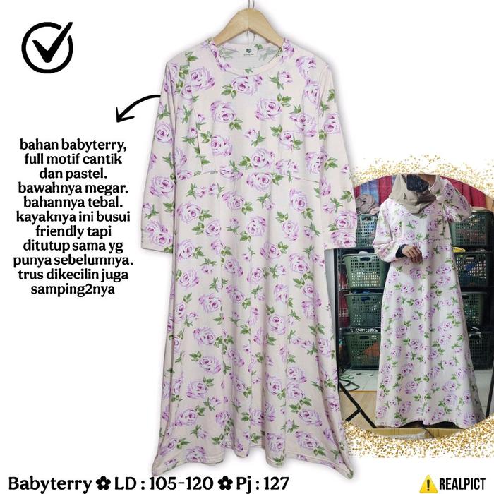 Gamis Full Bunga Pastel Size M L Busui Friendly Babyterry Premium Iymel Says Hijab Tebal Flower Flor