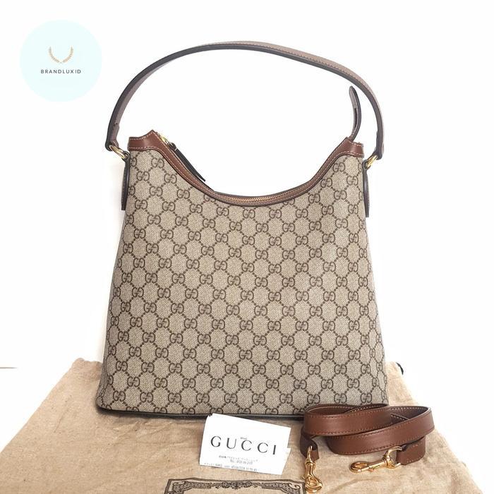 GUCCI GG SUPREME LINEA A HOBO CANVAS MONOGRAM BROWN WITH LONGSTRAP