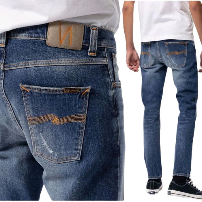Celana Jeans Panjang pria Slim fit, nudie Lean Dean dry salvadge original, biru blist