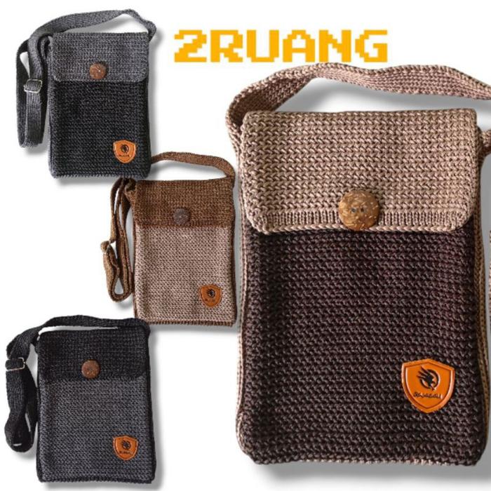 TAS Rajut HP Selempang Bahu Sling Bag 2 Ruang Pria Dan Wanita, TAS HP 16X21 CM
