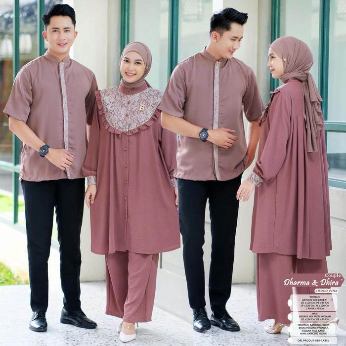 Dharma dan Dhira Set Couple Dress Kurta Muslim Airflow Mix Brokat Motif Polos Gamis Koko Baju Keluar
