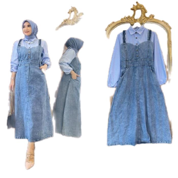Nola midi jeans mix katun Dress wanita muslimah Gamis baju midi muslim gaun lebaran oneset hijab sat