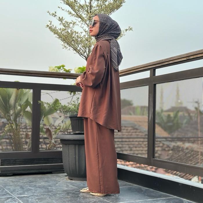 Ravina Setelan Rayon Twill Wanita Kekinian Baju Gamis & Celana Panjang Nyaman Ukuran Standar hingga 