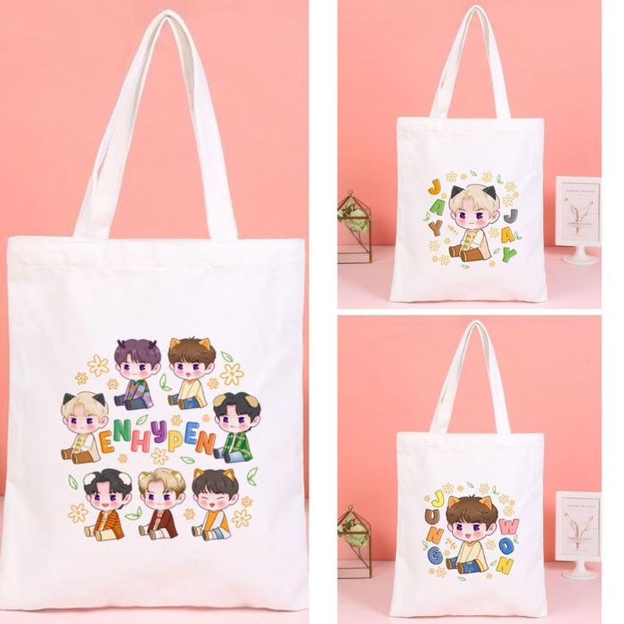 Totebag Tote bag Jay Jake Jungwon Fanart Chibi Lucu Kpop Korea Kanvas Wanita Anak Aesthetic
